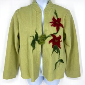 Handmade Chartreuse Wool Cardigan Jacket Felted Wool Floral Wearable Art L